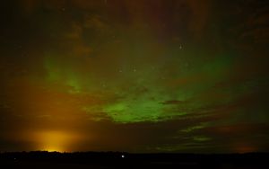 Preview wallpaper field, clouds, sunset, northern lights, stars, sky, dark