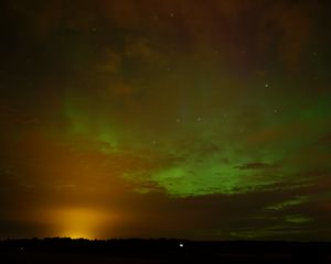 Preview wallpaper field, clouds, sunset, northern lights, stars, sky, dark