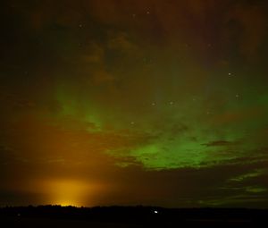 Preview wallpaper field, clouds, sunset, northern lights, stars, sky, dark