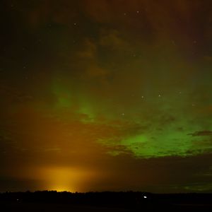Preview wallpaper field, clouds, sunset, northern lights, stars, sky, dark