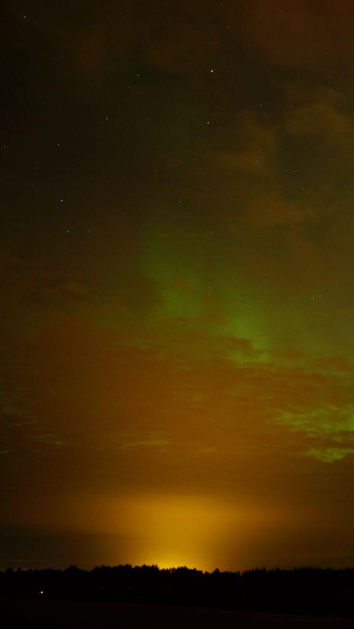 720x1280 Wallpaper field, clouds, sunset, northern lights, stars, sky, dark