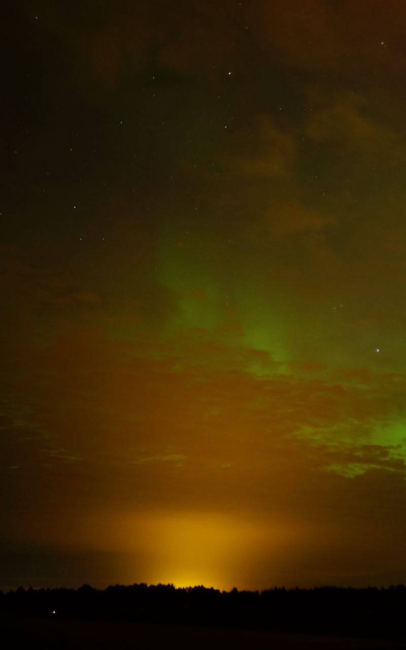 800x1280 Wallpaper field, clouds, sunset, northern lights, stars, sky, dark