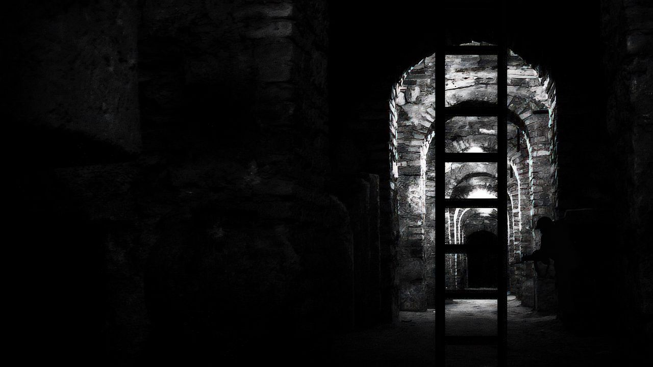 Wallpaper field, clouds, tunnel, stairs, dark