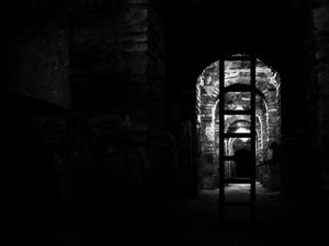 Preview wallpaper field, clouds, tunnel, stairs, dark