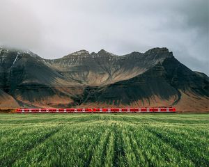 Preview wallpaper field, ears, mountains, train