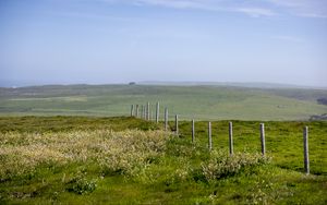 Preview wallpaper field, fence, hills, greenery, landscape