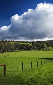 Preview wallpaper field, fence, pasture, traces, greens, grass, clouds