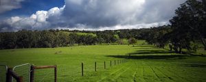 Preview wallpaper field, fence, pasture, traces, greens, grass, clouds