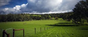 Preview wallpaper field, fence, pasture, traces, greens, grass, clouds