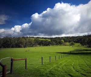 Preview wallpaper field, fence, pasture, traces, greens, grass, clouds