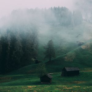 Preview wallpaper field, fog, ladinia, dolomites, italy