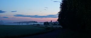 Preview wallpaper field, fog, trees, landscape, sunrise