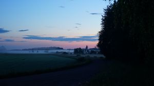 Preview wallpaper field, fog, trees, landscape, sunrise