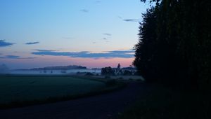 Preview wallpaper field, fog, trees, landscape, sunrise