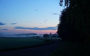 Preview wallpaper field, fog, trees, landscape, sunrise