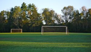 Preview wallpaper field, gate, net, trees, football