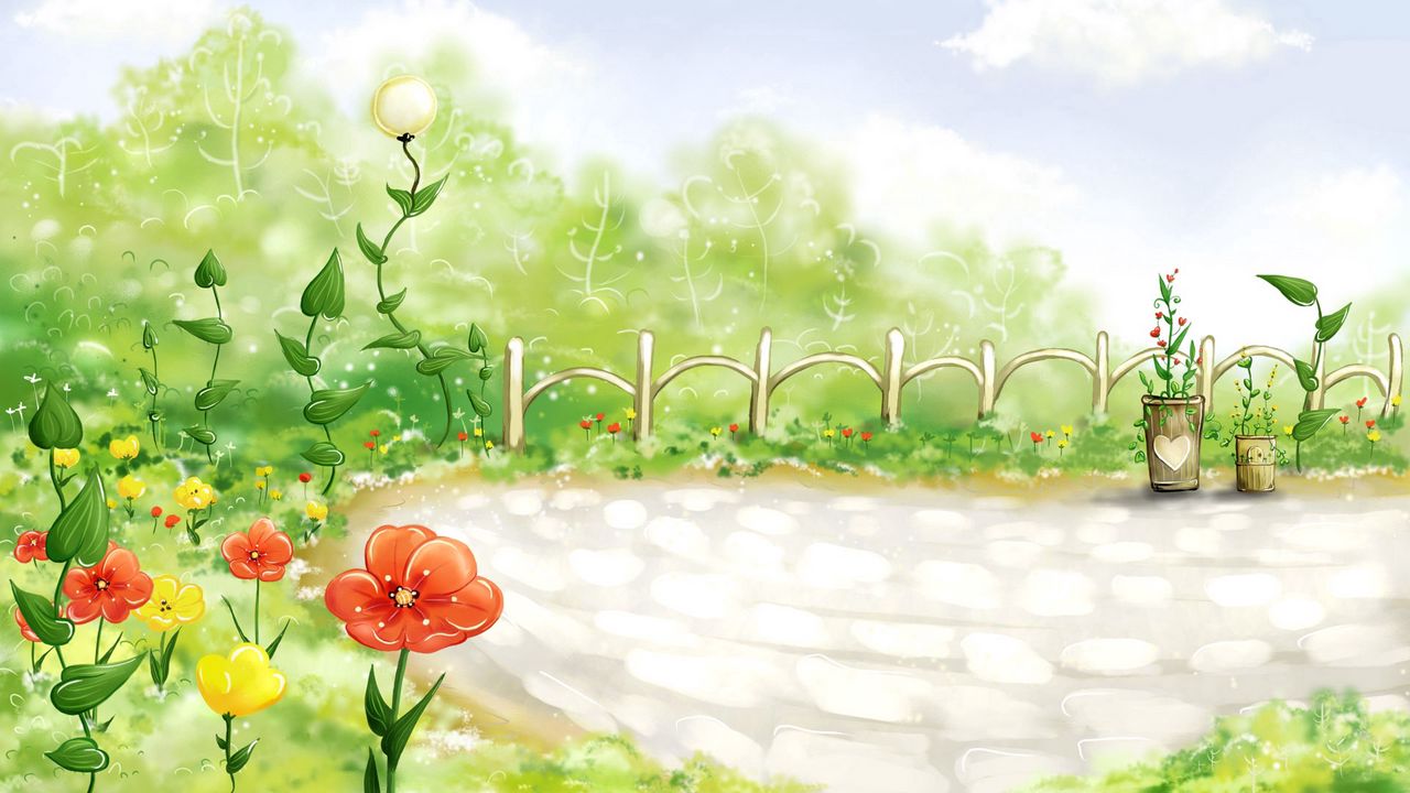 Wallpaper field, grass, fence, flowers, poppies, drawing