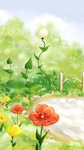 Preview wallpaper field, grass, fence, flowers, poppies, drawing