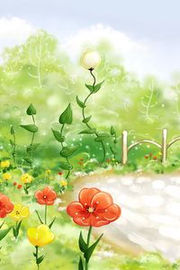 Preview wallpaper field, grass, fence, flowers, poppies, drawing