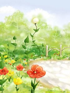 Preview wallpaper field, grass, fence, flowers, poppies, drawing