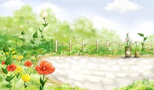 Preview wallpaper field, grass, fence, flowers, poppies, drawing