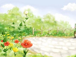 Preview wallpaper field, grass, fence, flowers, poppies, drawing