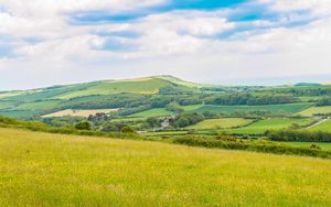 Preview wallpaper field, grass, hill, trees, sky