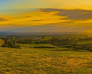 Preview wallpaper field, grass, hills, trees, distance, sunset