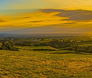 Preview wallpaper field, grass, hills, trees, distance, sunset