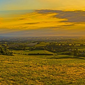 Preview wallpaper field, grass, hills, trees, distance, sunset