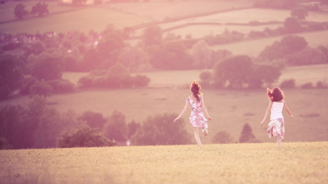 Wallpaper field, grass, kids, run, happiness