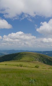 Preview wallpaper field, grass, mountains, clouds, sky, landscape