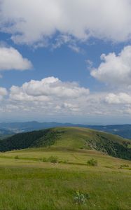 Preview wallpaper field, grass, mountains, clouds, sky, landscape