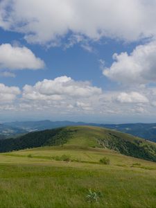 Preview wallpaper field, grass, mountains, clouds, sky, landscape