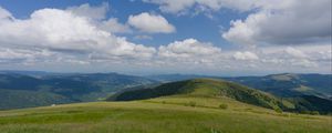 Preview wallpaper field, grass, mountains, clouds, sky, landscape