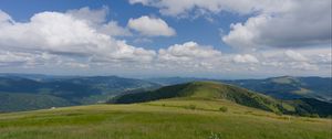 Preview wallpaper field, grass, mountains, clouds, sky, landscape