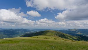 Preview wallpaper field, grass, mountains, clouds, sky, landscape