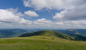 Preview wallpaper field, grass, mountains, clouds, sky, landscape
