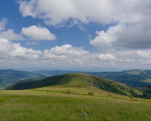 Preview wallpaper field, grass, mountains, clouds, sky, landscape