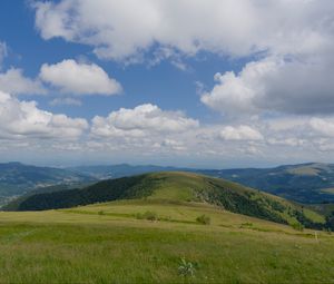 Preview wallpaper field, grass, mountains, clouds, sky, landscape