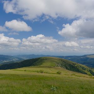 Preview wallpaper field, grass, mountains, clouds, sky, landscape
