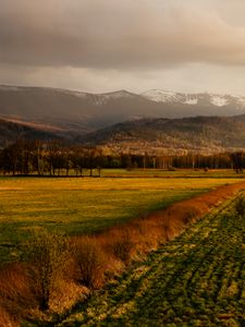 Preview wallpaper field, grass, mountains, hills, landscape