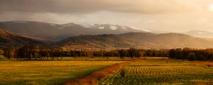 Preview wallpaper field, grass, mountains, hills, landscape