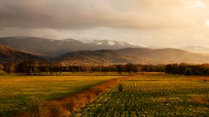 Preview wallpaper field, grass, mountains, hills, landscape