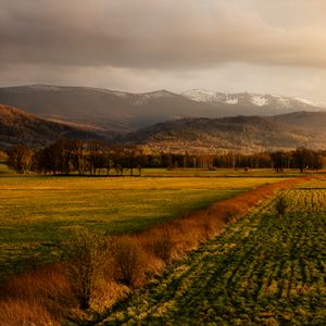 Preview wallpaper field, grass, mountains, hills, landscape