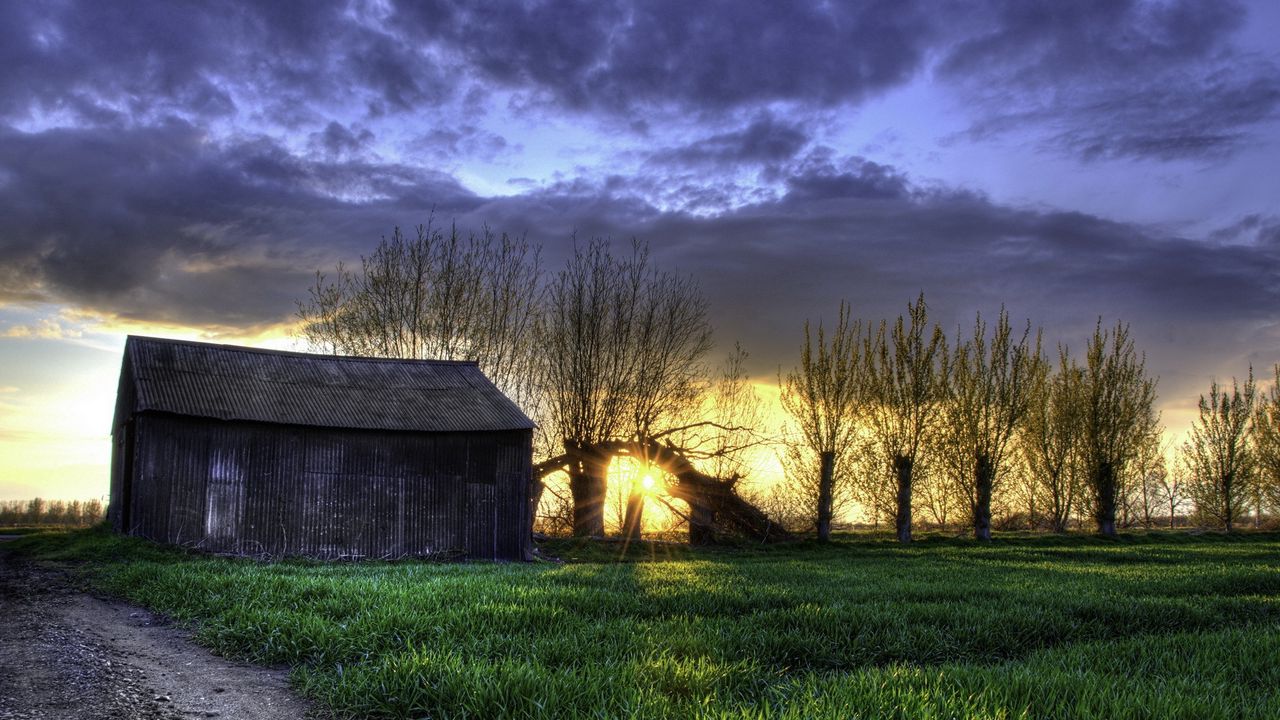 Wallpaper field, grass, night, barn, hdr