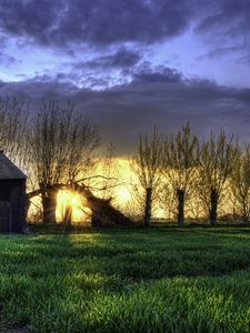 Preview wallpaper field, grass, night, barn, hdr