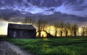 Preview wallpaper field, grass, night, barn, hdr