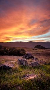 Preview wallpaper field, grass, stones, sunset, nature, landscape