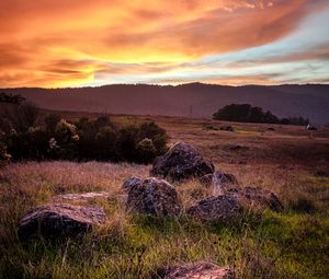 Preview wallpaper field, grass, stones, sunset, nature, landscape